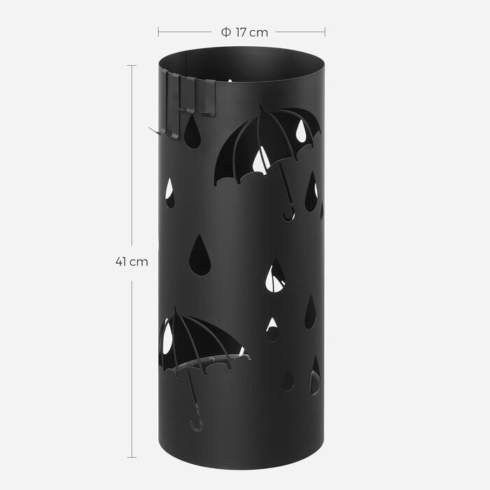 Підставка для парасольок, кругла, металева, 4 гачки, піддон для збору води, 17x41 см, вхідна група, передпокій, чорний