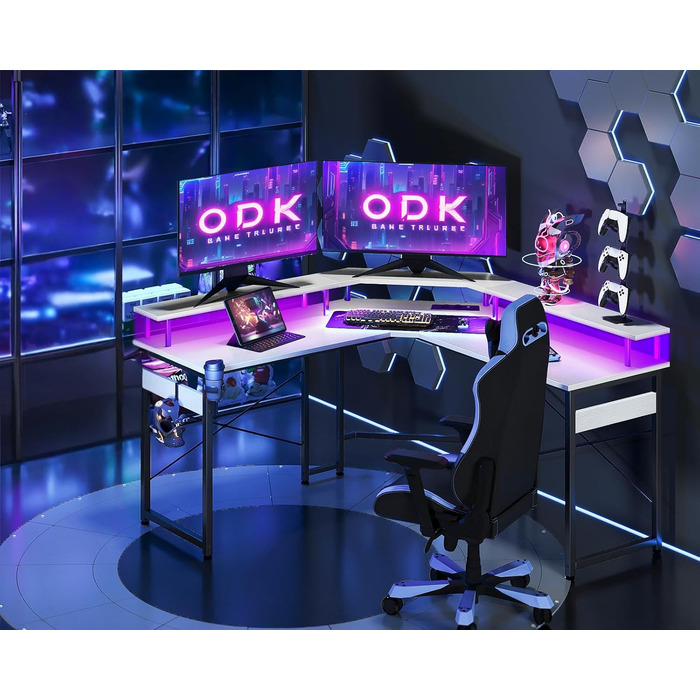 Ігровий стіл ODK 129x129 см з LED підсвіткою, 2 розетки та 2 USB, для ПК та комп'ютера, білий