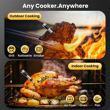 Бездротовий термометр для м'яса з Bluetooth, дальність до 240м, керування через додаток, до 24 години роботи, IP67, стійкий до миття в посудомийній машині та олії - для гриля, коптильні, ротатерія, духовки, фритюрниці