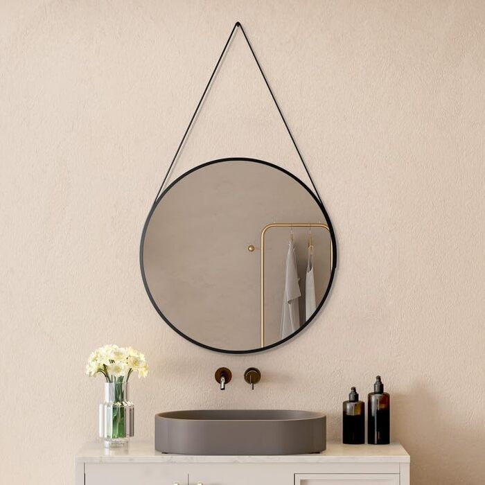 Круглий дзеркало Boromal Schwarz діаметром 40 см з реміннем, велике кругле дзеркало для ванної кімнати, спальні, вітальні, передпокою, з підвішуванням на стіну, з шкіряним реміннем