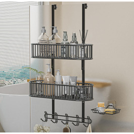 Настінна поличка для душу без свердління, чорна, для скляних душових кабін, регульована висота, 3 гачки, для шампуню та гелю для душу