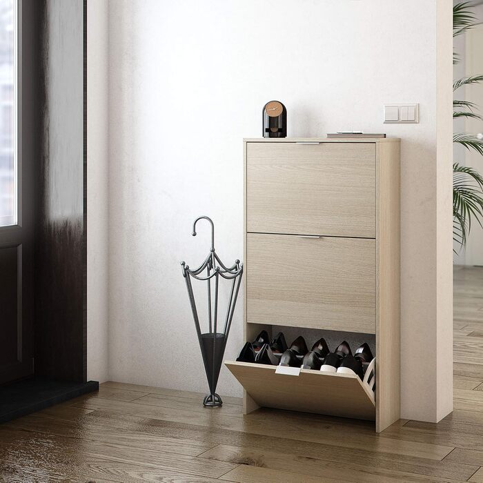 Стеллаж для взуття Habitdesign з 3 дверцятами, вузький, білий глянцевий, розмір: 60x113x22 см, з елементами канадського дуба