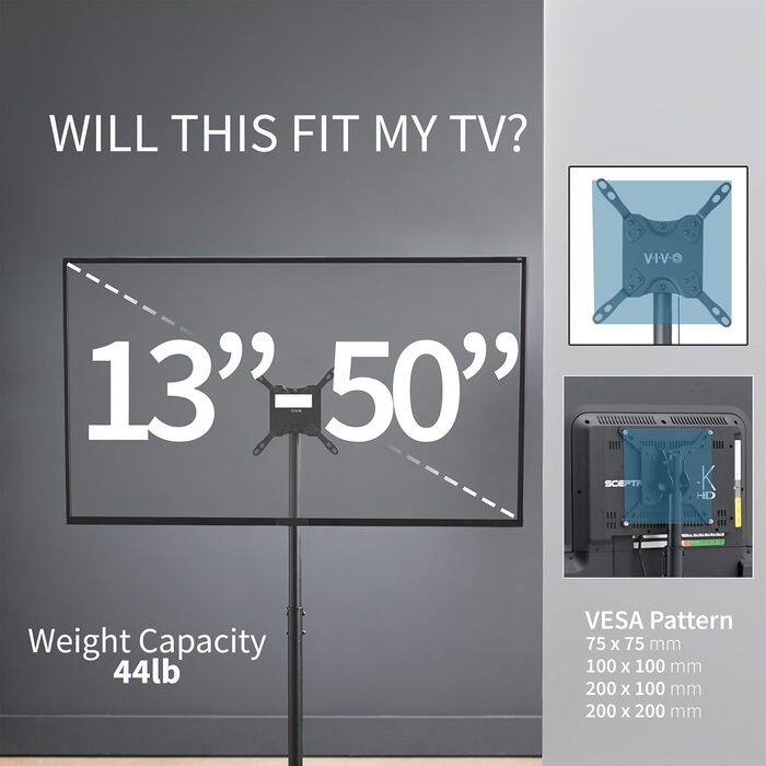 Регульована підставка для телевізора VIVO для екранів 13-50 дюймів, до 20 кг, LCD LED OLED 4K Smart, чорна, STAND-TV07 (Extra Tall)