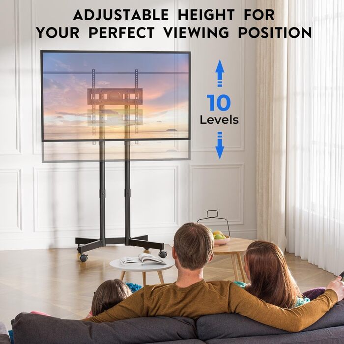 Мобільна підставка для телевізора BONTEC 32-70 дюймів, чорна, з колесами, регульована висота, VESA 400x400, до 50 кг, з кабельним каналом
