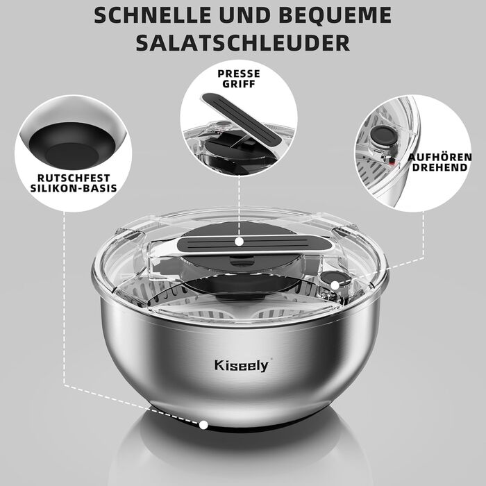 Салатниця-швидкосушарка з нержавіючої сталі 4.2L з мискою та кришкою, для салатів, овочів, ягід
