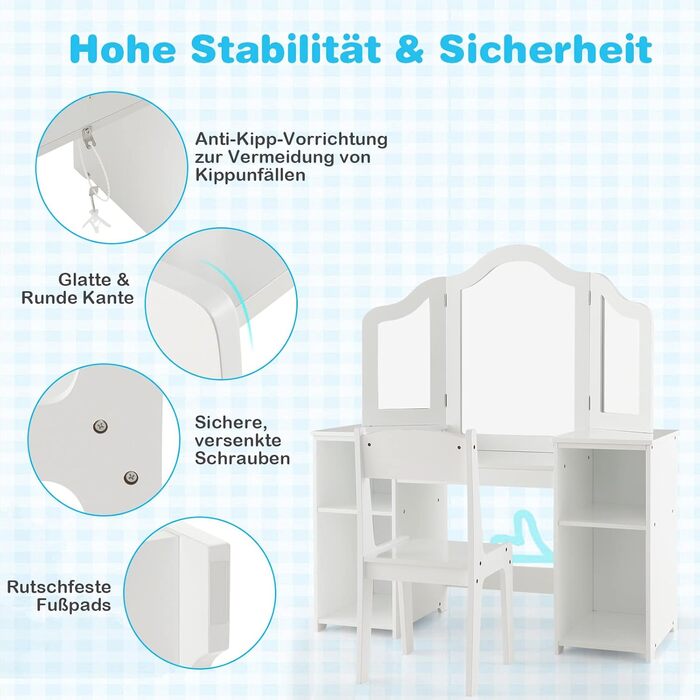 Набір дитячих туалетних столиків COSTWAY 2-в-1 зі стільцем і знімним дзеркалом, туалетний столик дівчинка, білий