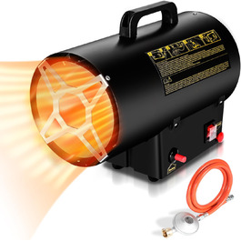 Газовий нагрівач з вентилятором, 15 кВт, з газовим шлангом 1,2 м та редуктором тиску 700 мбар, нержавіюча сталь, Piezo-запалювання, з ручкою