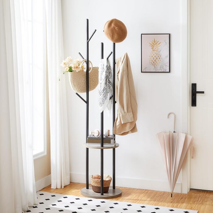 HOOBRO В'яжучий стійка для одягу, дерев'яна, з 8 гачками та 2 полицями, для вітальні, спальні, офісу, темно-коричневий/чорний