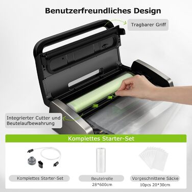 Вакууматор Bonsenkitchen для продуктів, потужний вакуумний пакувальник (15л/хв) з вбудованим різаком та ручкою-фіксатором, чорний