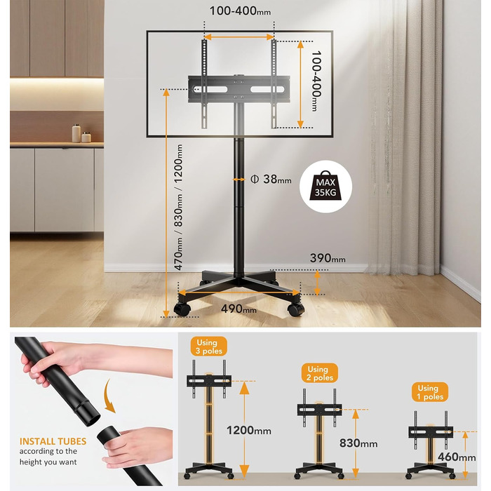 Мобільна підставка для телевізора Hemudu 23-60 дюймів LCD/LED, до 35 кг, VESA 400x400, регульована висота