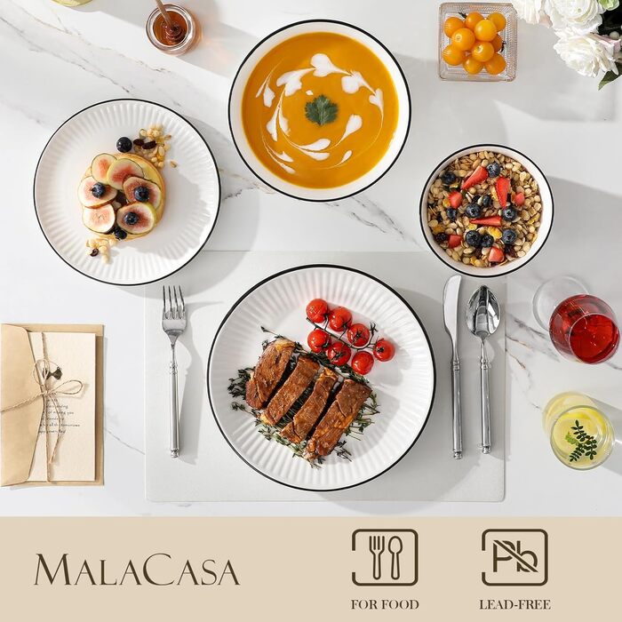 Набір посуду MALACASA LEILA 6 осіб, 24 частини: тарілки, миски, порцеляна, білий з чорним обідком