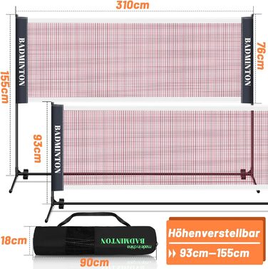 Сітка для бадмінтону Yakimz, Тенісна сітка 310см 410см 510 см Сітка для бадмінтону регулюється по висоті, сітка для бадмінтону для саду, міцна рама з сумкою для транспортування, критий відкритий сад (310 см)