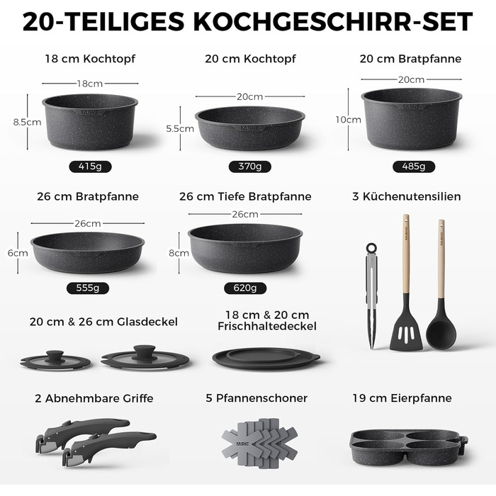 Набір каструль та сковорідок YASHE 20 предметів з знімними ручками, антипригарне покриття, для індукційних плит, термостійкий до 230°C, можна мити в посудомийній машині, складається, сірий та білий (сірий)