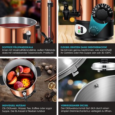 KESSER® Глювайновий котел 8л з нержавіючої сталі, 10 склянок, термостат, автомат для глінтвейну, гарячих напоїв, чайник, дозатор гарячої води, автоклав, індикатор рівня, кран, сріблястий