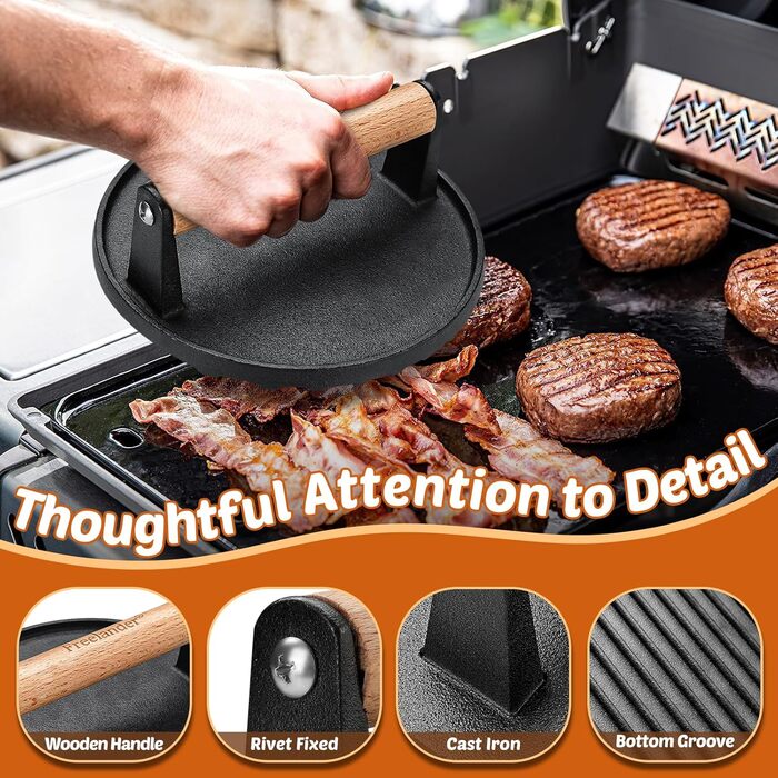 Пресс для бургерів Freelander з чавуну, набір для приготування смашених бургерів (діаметр 17.6 см, прямокутний 20.5 см), прес для гриля з термостійкою ручкою, великий прес для гамбургерів, стейків, сендвічів (чорний, круглий)