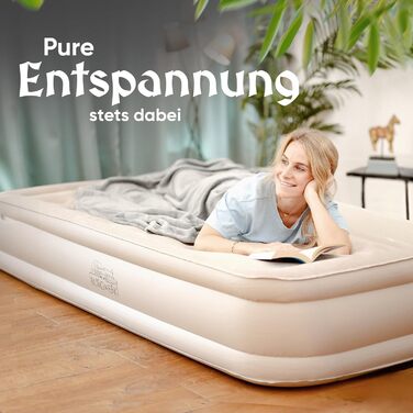 Надувне ліжко 3-в-1 | Гостьове та кемпінгове ліжко | Надувна матрац з електропомпою 150x200 | Самостійно надувна повітряна матрац (1 особа, Бежевий)