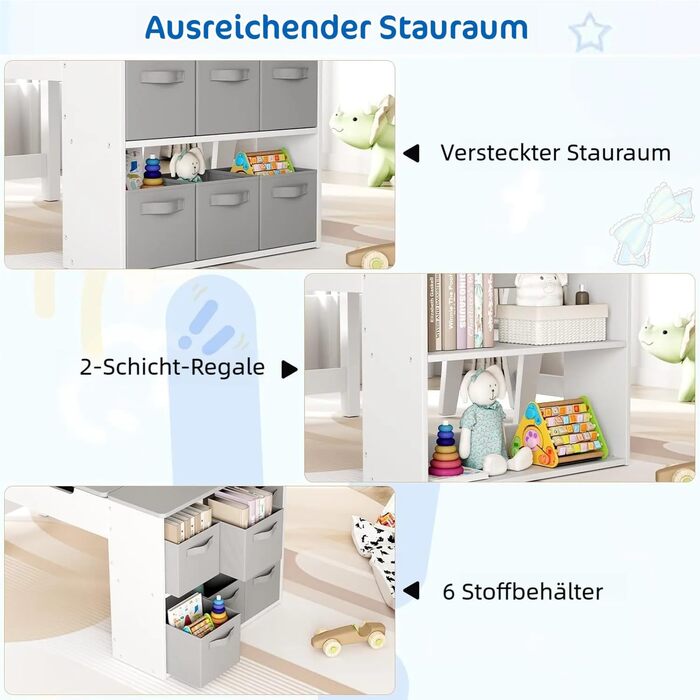 Дитячий стіл зі стільцями, дерев'яний набір, дитяча група сидінь з місцем для зберігання, стіл для малювання з рулоном паперу, стіл для малювання та рукоділля для дітей від 3 років (Сірий)