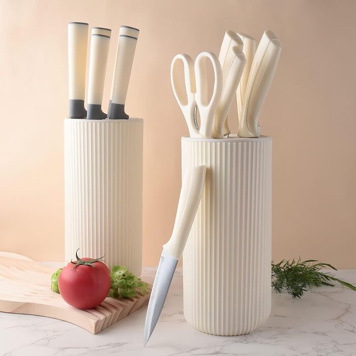 Набір кухонних ножів 7 шт. з бруском, Messerblock, з нержавіючої сталі, для кухні, нарізки м'яса та овочів (Бежевий)