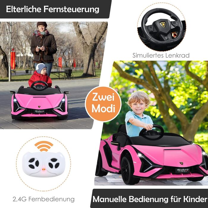 Дитячий електромобіль Lamborghini 12V COSTWAY з пультом, MP3, музикою, LED-фарами, рожевий, для дітей 3-8 років