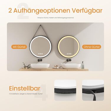 Круглий дзеркало для ванної кімнати EMKE з підсвічуванням 50 см, 3 кольори, регулювання яскравості, антизапар, пам'ять, сенсорне управління, таймер 3 години, енергозберігаючий