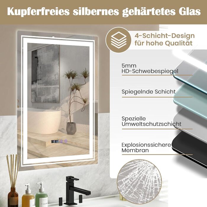 Дзеркало GOPLUS з підсвічуванням для ванної кімнати та вітальні з 3 кольорами світла, антизапарююче покриття, годинник, температура та функція пам'яті, модель 1