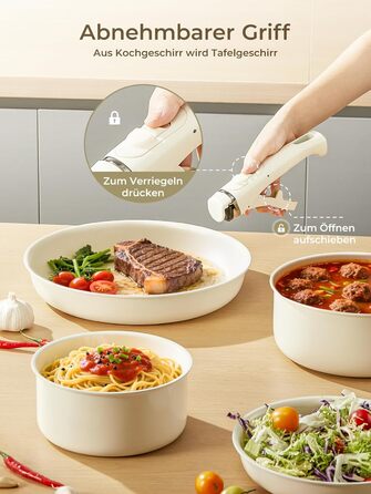 Набір посуду FOHERE 8 предметів: каструлі та сковороди з 2 знімними ручками, сковорода 20/28 см, каструлі 2.6/1.4 л, підходить для всіх плит (індукція), безпечний у духовці та посудомийній машині, бежевий