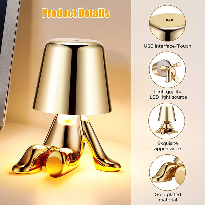 Приліжковий світильник Touch Gold Thinker Statue LED, USB 3 рівні яскравості з регулюванням яскравості настільна лампа для прикраси