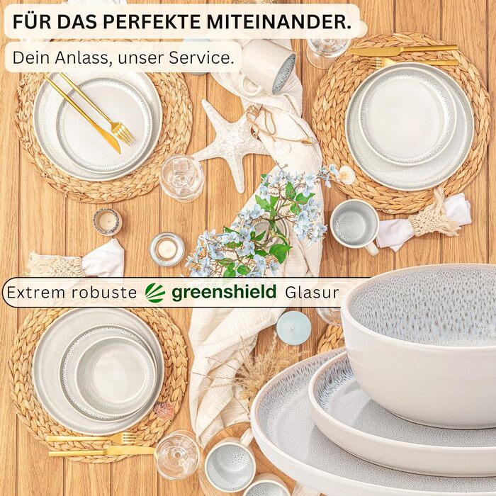 Набір посуду SÄNGER Kreta 30 предметів: тарілки, чашки, миски, для 6 осіб, блакитний, з кремовим, стійкий до подряпин, придатний для миття в посудомийній машині та використання в мікрохвильовій печі