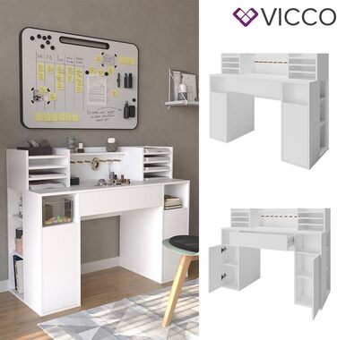 Стіл для рукоділля Vicco - письмовий стіл, білий, 126,8 x 50 см XL з полицями білий 126,8x100x50 см