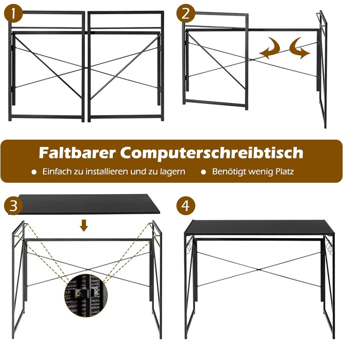 Складаний стіл COSTWAY, розкладний стіл 100 x 50 см з 6 гачками та металевим каркасом, компактний комп'ютерний стіл Промисловий робочий стіл для домашнього офісу, вантажопідйомність 115 кг (чорний)