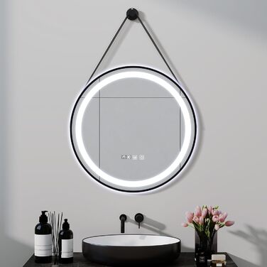 Дзеркало для ванної кімнати YOURLITE з підсвічуванням, 60 см, кругле, LED, 3 кольори, регулювання яскравості, сенсорний вимикач, антизапарник, пам'ять, IP44, чорний