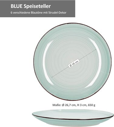 Тарілка обідня синя Міцний фаянс на 6 осіб Сучасний декор штруделя, 6 шт.