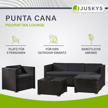 Садовий комплект меблів Juskys Polyrattan Punta Cana для 4-5 осіб: диван, крісло, пуф, стіл, подушки - чорний/сірий