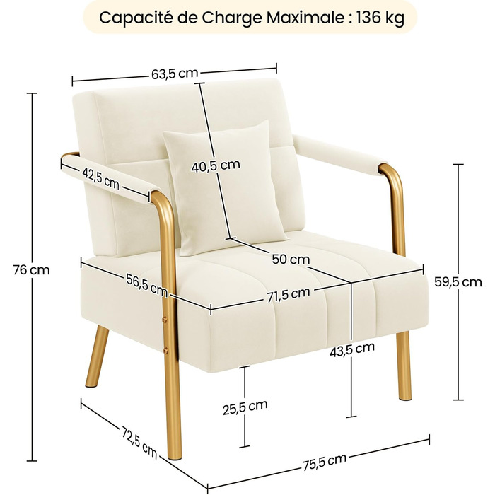 Диван-крісло Yaheetech з підлокітниками та металевими ніжками, сучасний двомісний диван з 2 подушками для попереку, бежевий, для вітальні/спальні (75,5 см ширина)