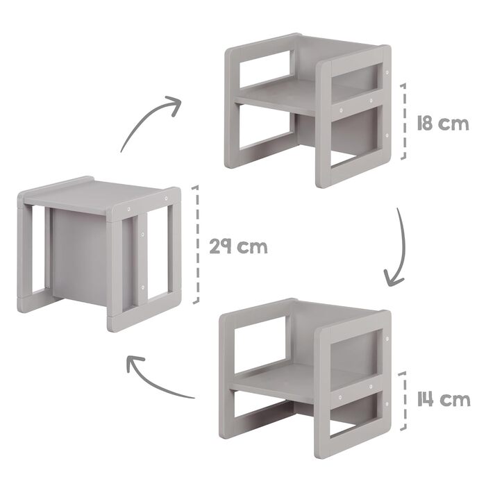 Дитяча група сидінь roba 3в1 - Двосторонній табурет і дитяча лавка-трансформер - Дерев'яна група сидінь (сірий)