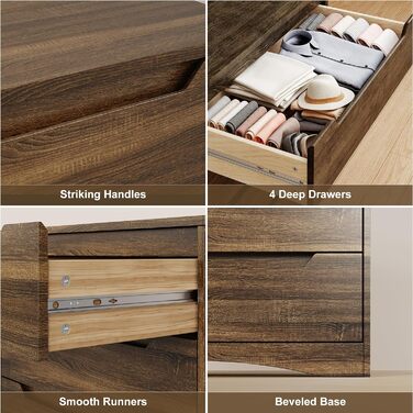 Комод Bealife для спальні з 4 великими шухлядами, комод-шафа з вирізаними ручками та блокуванням від перекидання, шафа-тумбочка ідеально підходить для вітальні, офісу (світло-сірий)