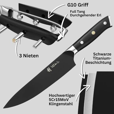 Набір кухонних ножів Wakoli Titanium Noir (5 предметів) з бруском - професійний набір кухонних ножів з титановим покриттям, нержавіюча сталь, чорне покриття, магнітний брусок, шеф-ніж