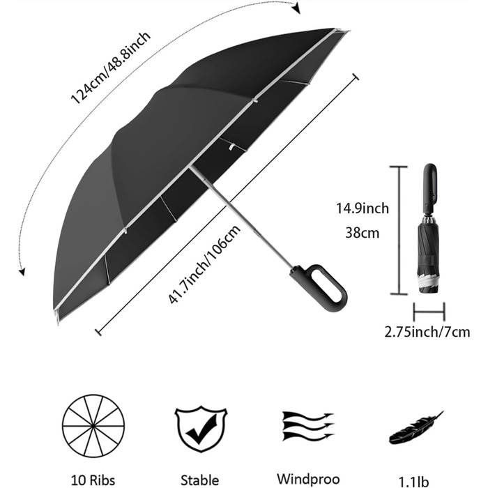 Парасолька для гольфу перевернута зворотна 10 ребер, автоматична, захист від ультрафіолету UPF 50, світловідбивачі, 106см, чорний