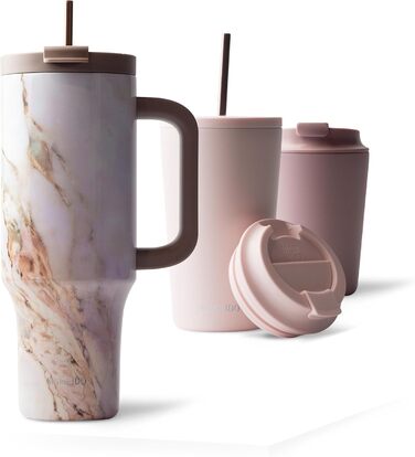 Термокружка MAMEIDO з трубочкою, 1200 мл, Pearl Marble: подвійні стінки, ізольована, з кришкою, не протікає