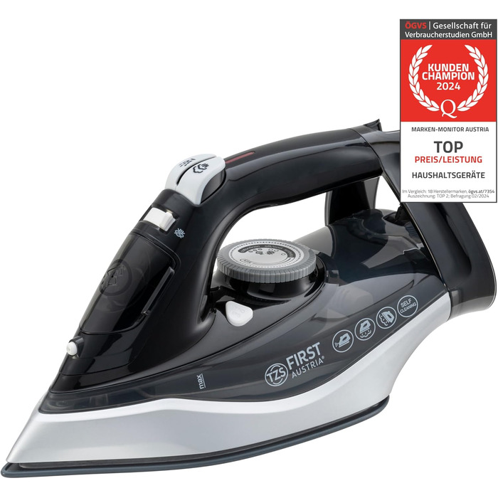 Пароочисник TZS First Austria I 2290-2720W | Керамічна підошва, Самоочищення, Вертикальний пар, Anti-Kalk, Сухе прасування, 0.3л резервуар, 1.2 кг | Чорний/Білий