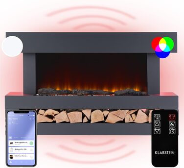 Електрокамін Klarstein Light & Fire 3 Smart, 2000 Вт, LED-імітація полум'я, з дистанційним керуванням, таймером, настінний, корпус MDF, чорний