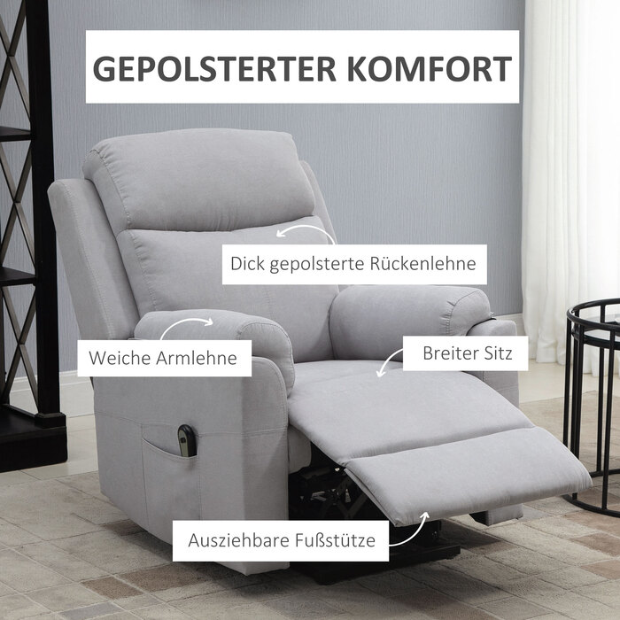 Крісло з електричною відкидною спинкою HOMCOM для літніх людей, льон Touch Light Grey 83 x 89 x 102 см, зручний допоміжний засіб для стоячи
