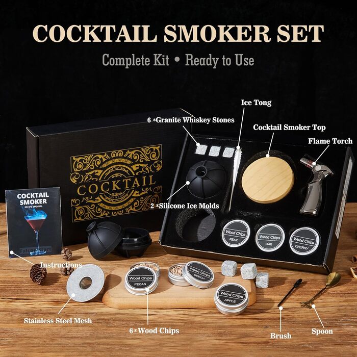 Набір для копчення віскі – Old Fashioned Cocktail Geschenkset з 6 ароматичними дерев'яними чіпсами, 4 гранітними камінцями, запальничкою та аксесуарами для любителів віскі та коктейлів (без бутану) (силіконова куля & гранітні камені)