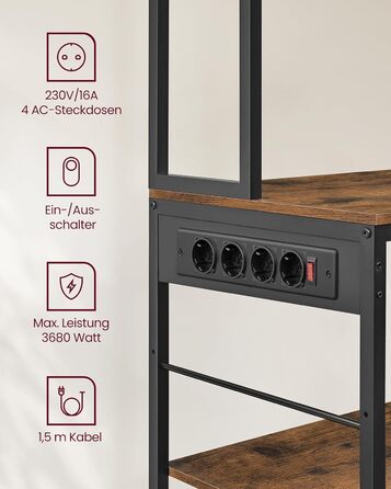 Стелаж кухонний VASAGLE з розетками, 40 x 100 x 180,4 см, з полицями, ящиком, 12 гачками, антрацит-чорний, KKS027B02