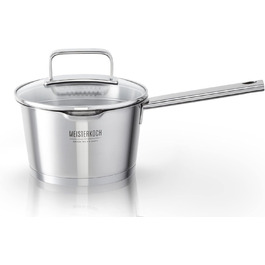 Каструля Meisterkoch з нержавіючої сталі 16 см | з виливом, мірною шкалою та ізольованою ручкою | 1 скляна кришка з дрібним та великим ситом | посуд з нержавіючої сталі, підходить для індукційних плит 16 см