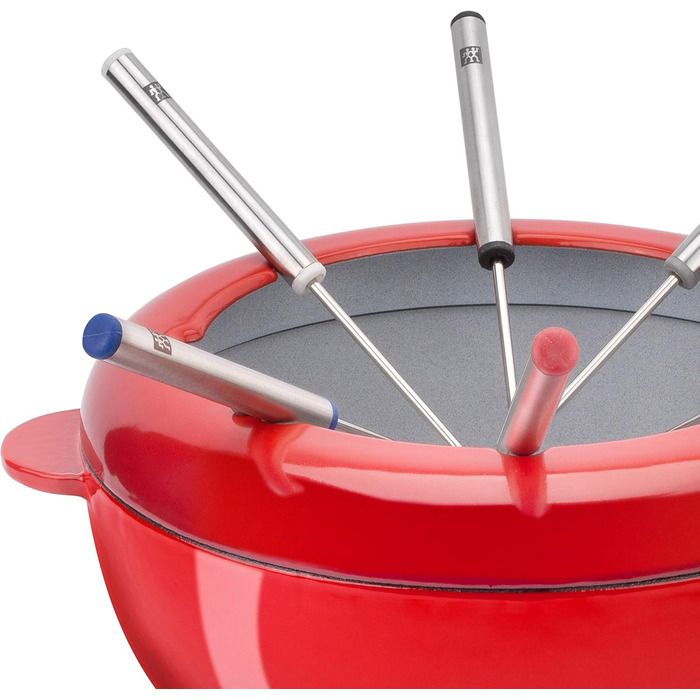 Набір для фондю Zwilling 40201-002 Cherry Emaille: Чавунна пательня, 6 виделок з нержавіючої сталі, для сиру та шоколаду, для всіх типів плит