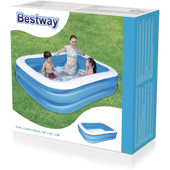 Сімейний дитячий надувний дитячий басейн Bestway, бірюзовий/білий, (211 x 132 x 46 см, комплект з дезінфекцією басейну)