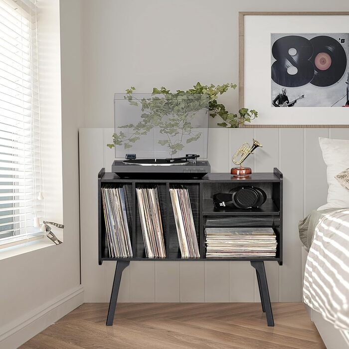 Сумка-органайзер для вінілових платівок LELELINKY: стійка з 4 полицями на 220 платівок, з міцних дерев'яних ніг, Mid-Century дизайн, чорний колір