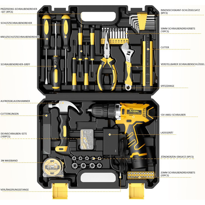 Набір інструментів Sundpey 166 предметів з акумуляторною викруткою 12V для дому, ремонту та саду (жовтий)