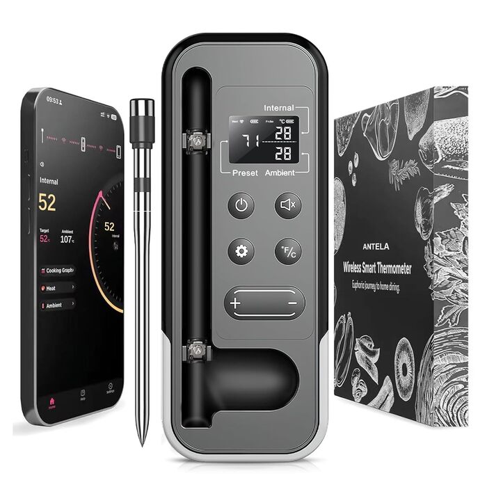 Бездротовий термометр для м'яса ANTELA з Bluetooth 200M, LCD дисплеєм, сигналом та APP, для приготування на грилі, BBQ та в духовці